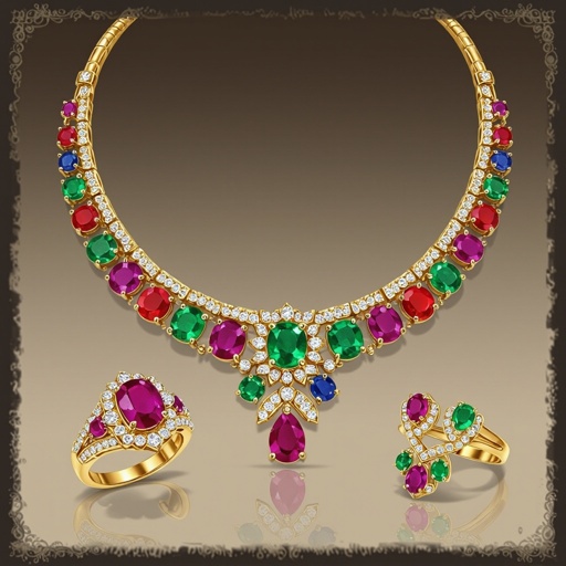 Necklace and ring and earring with luxury colorful jewel with gold