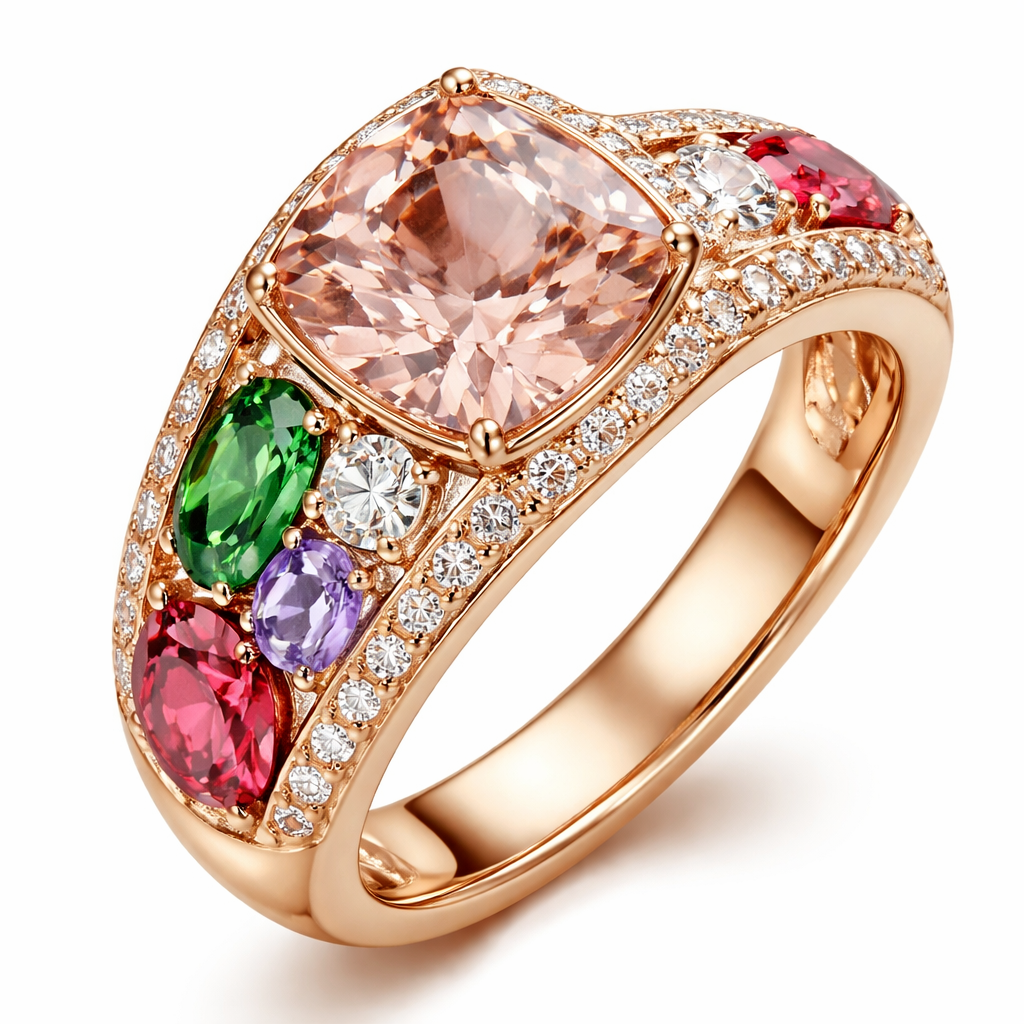 Crée moi une bague avec une morganite coussin une tsavorite taille émeraude un diamant rond un Spinel Lila taille émeraude et un Spinel rouge coussin les pierre font moins d’un demi carat sauf la morganite les pierres sont intégrés dans le corp de bague en sertie masse