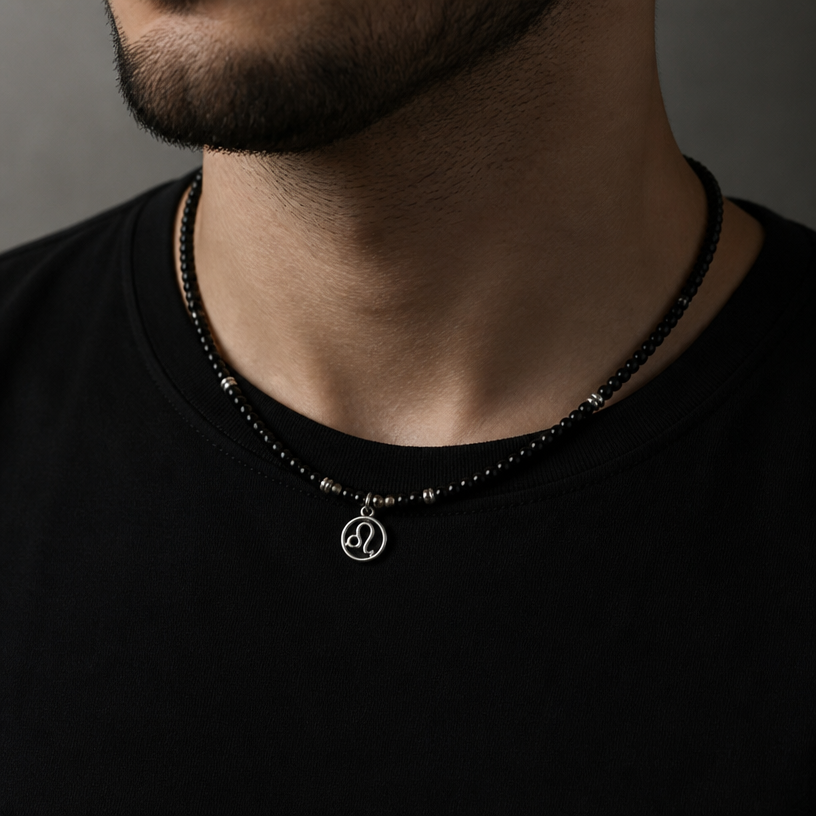 less silver elements, more onyx. and make it on men's neck
edit the attached jewelry design with these instructions: less silver elements, more onyx. and make it on men's neck. keep it photorealistic, just the design no text