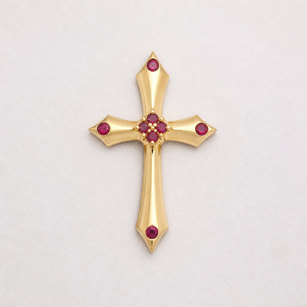 Dainty and feminine Gold cross with rubies, majority gold . Hidden bail
photorealistic jewelry design, Dainty and feminine Gold cross with rubies, majority gold . Hidden bail, minimalist style, just the design no text