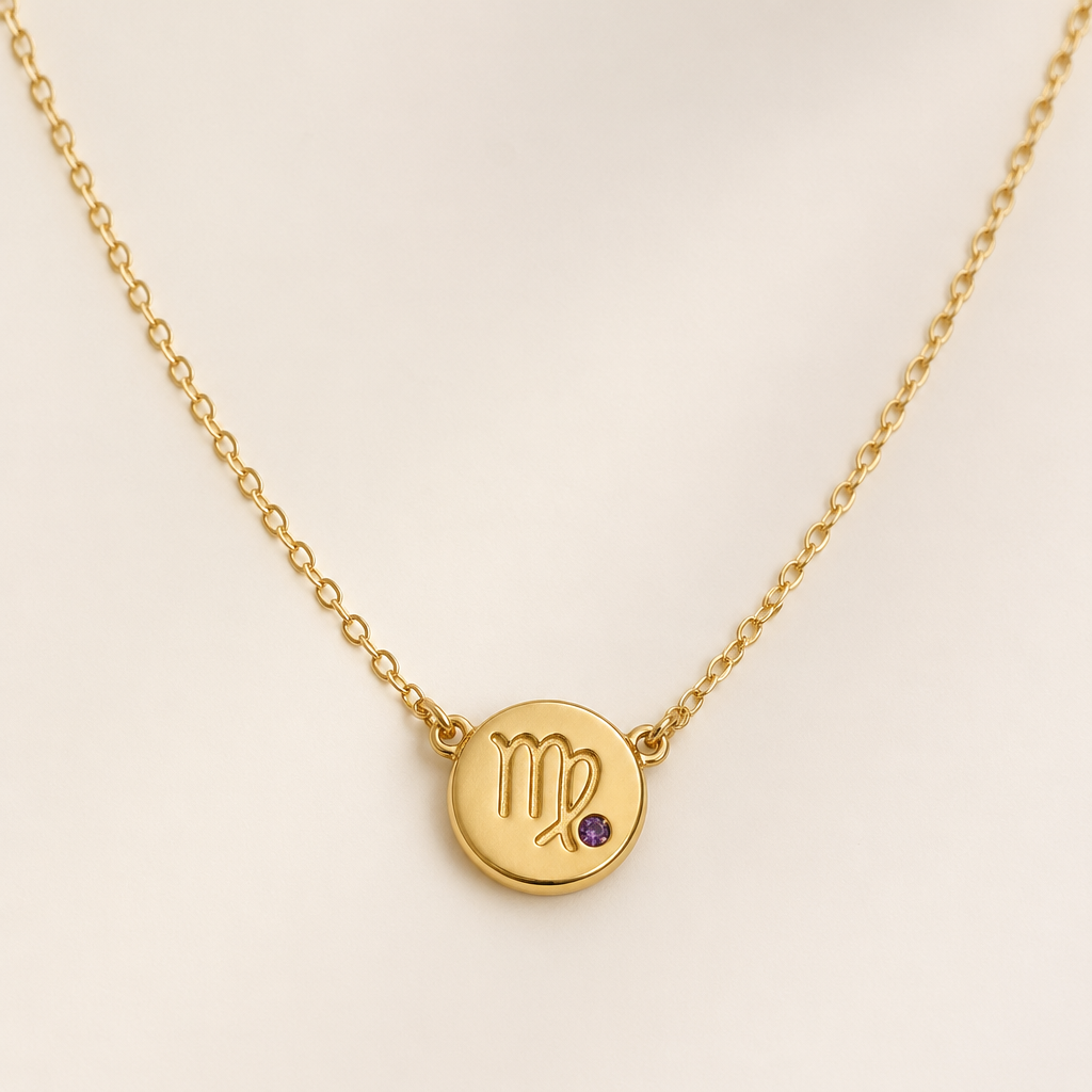 A minimalist women's necklace made of gold with amethyst stones suitable for daily wear. um colar com fio dourado, ouro, a joia em um circulo pequeno cheio , cravado em si o signo de virgem contendo no seu centro um estilhaço pequeno de amethyst. um fio elegante, discreto, com um toque de charme e delicado
photorealistic jewelry design, A minimalist women's necklace made of gold with amethyst stones suitable for daily wear. um colar com fio dourado, ouro, a joia em um circulo pequeno cheio , cravado em si o signo de virgem contendo no seu centro um estilhaço pequeno de amethyst. um fio elegante, discreto, com um toque de charme e delicado, minimalist style, just the design no text