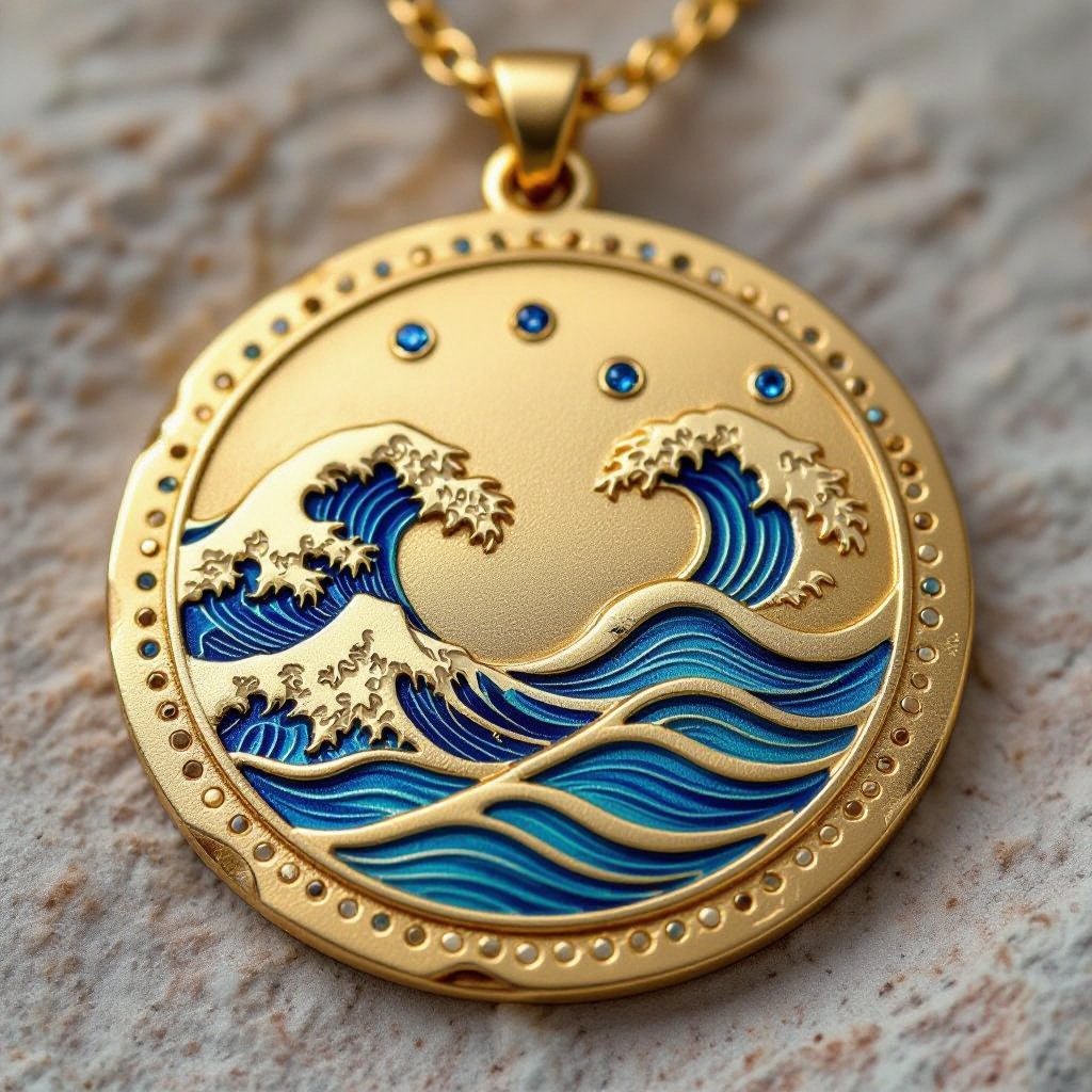 Золотой матовый медальон в форме неровного круга с неровными краями. По краям выпуклые точки сплошной линией. На круге разные волнистые узоры словно волны. Три миниатюрных голубых камушка хаотично расположены в круге