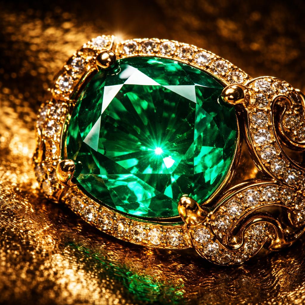 macro emerald gemstone with gold texture background, luxury jewelry editorial style, dramatic lighting