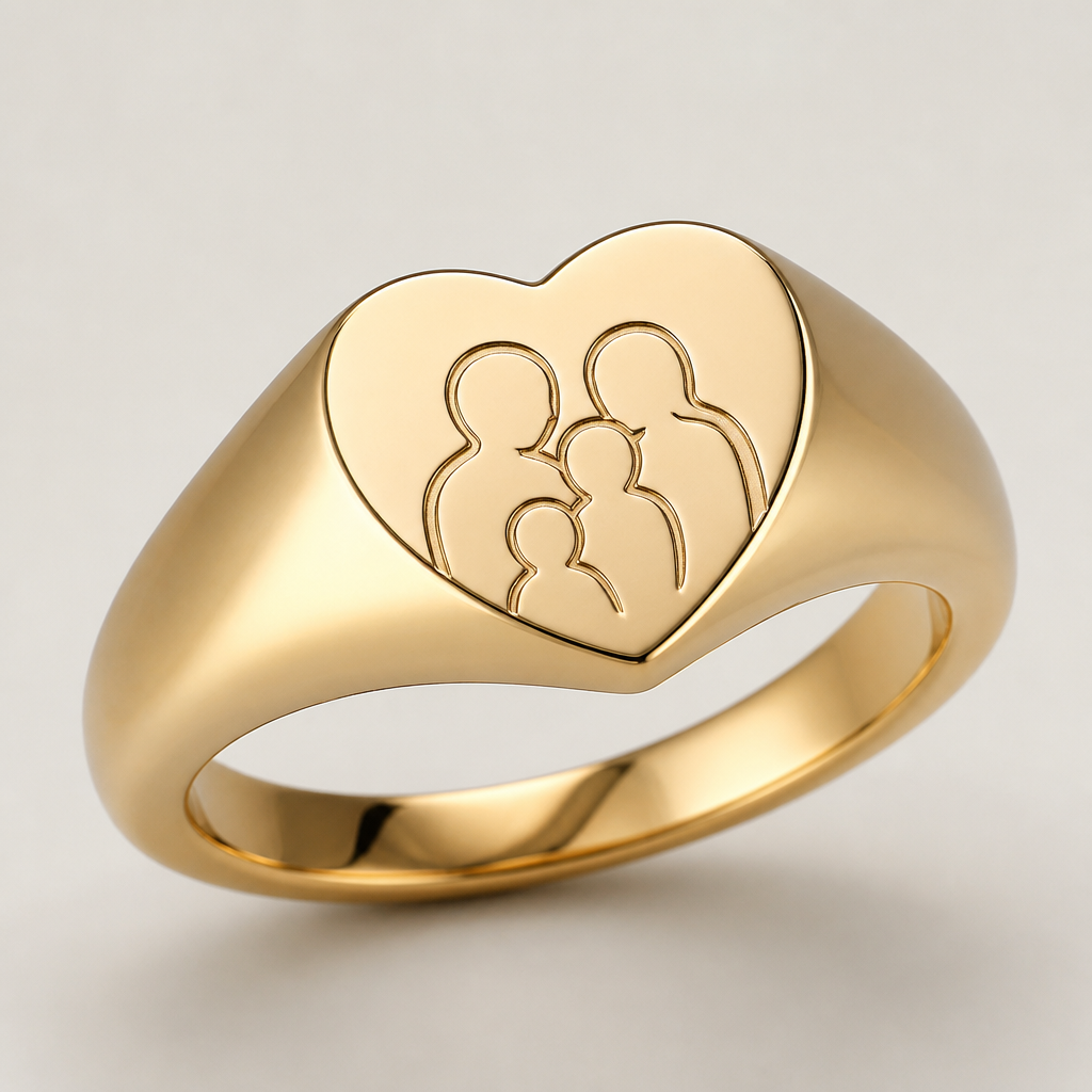 A women's ring. un anillo tipo sello con forma de corazon dende ponga acostanoy y muestre un simbolo de famili
photorealistic jewelry design, A women's ring. un anillo tipo sello con forma de corazon dende ponga acostanoy y muestre un simbolo de famili, modern style, just the design no text