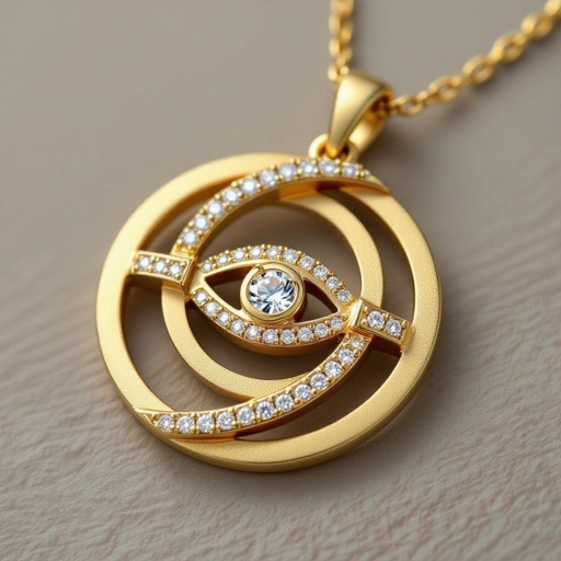 Подвеска из матового золота с узорами и мелкими камнями в форме двух пересекающихся окружностей и глаза между ними