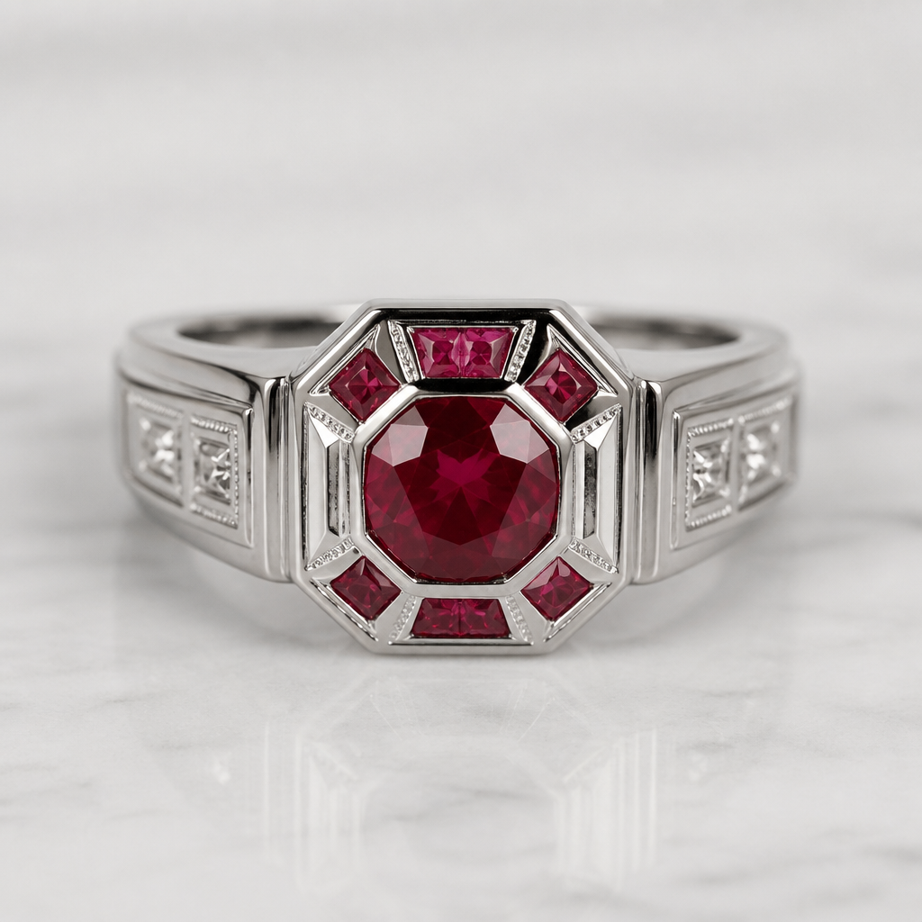 A estate men's ring made of platinum with ruby stones suitable for engagement
photorealistic jewelry design, A estate men's ring made of platinum with ruby stones suitable for engagement, estate style, just the design no text