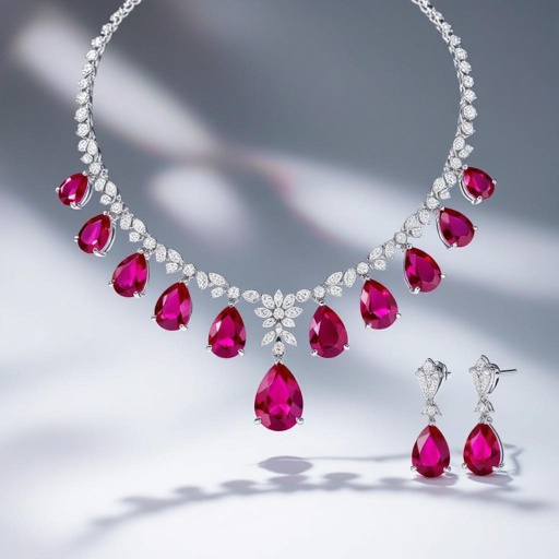 Ruby luxury necklace long pear drop style and luxury earring set Platinum necklace, ruby pear drops, diamond accents, prong setting. Matching platinum earrings, ruby pear drops, diamond accents, prong setting.