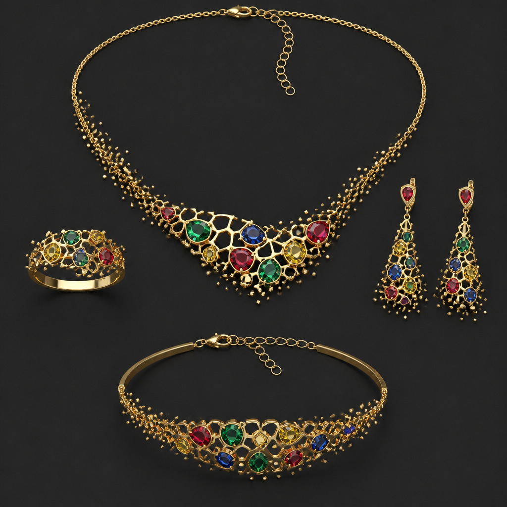 A modern women's necklace made of gold. make ring and bracelet and earrings with it in the same design and make it ready to print in wax printer add green blue yellow and red.gems make some peaces of design looks like dust
photorealistic jewelry design, A modern women's necklace made of gold. make ring and bracelet and earrings with it in the same design and make it ready to print in wax printer add green blue yellow and red.gems make some peaces of design looks like dust, modern style, just the design no text