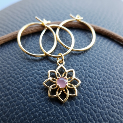 Серьги небольшие кольца, подвеска в виде золотого лотоса шестью лепестками с маленьким розовым кварцем по центру