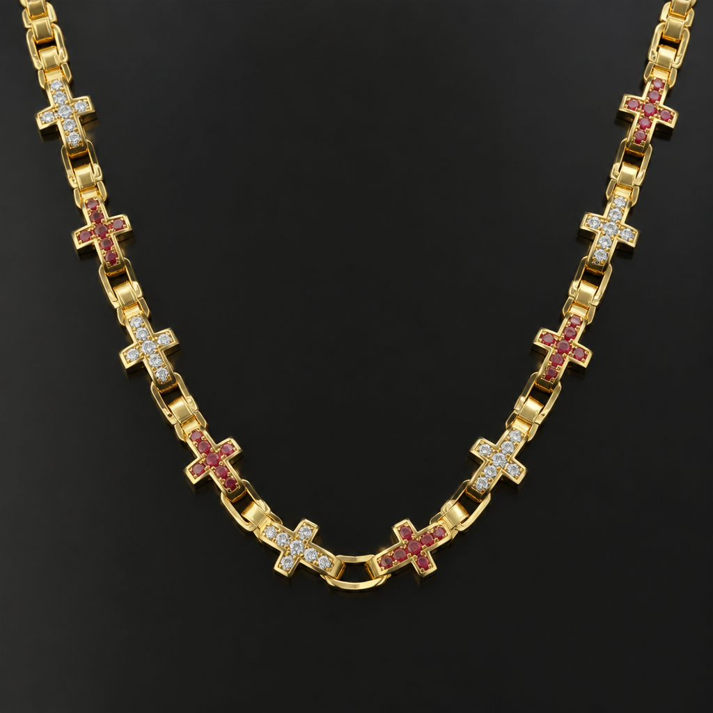 A men's necklace made of gold with diamond and ruby stones. que sea la cadena con las cruces
photorealistic jewelry design, A men's necklace made of gold with diamond and ruby stones. que sea la cadena con las cruces, modern style, just the design no text