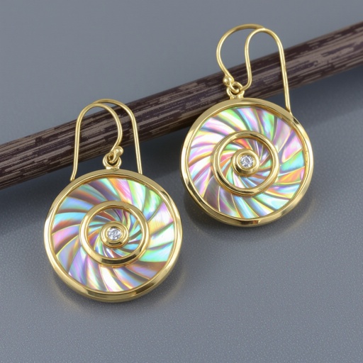 Золотые серьги в виде золотой спиральной ракушки украшенной тремя маленькими камнями 