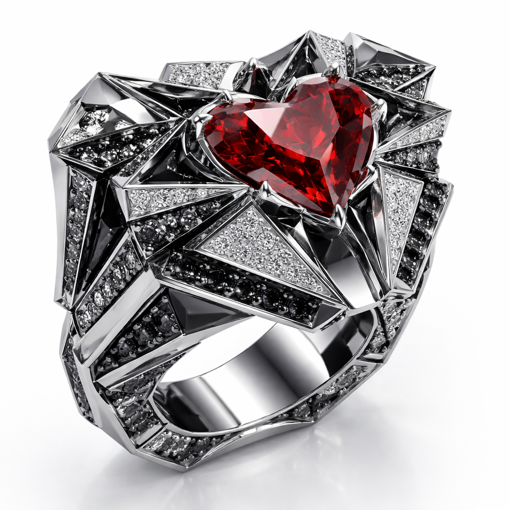 Geomatric ring of egdes and architecture shapes and bold of diamonds black and white and red of white background of edgy style and elements shape heart