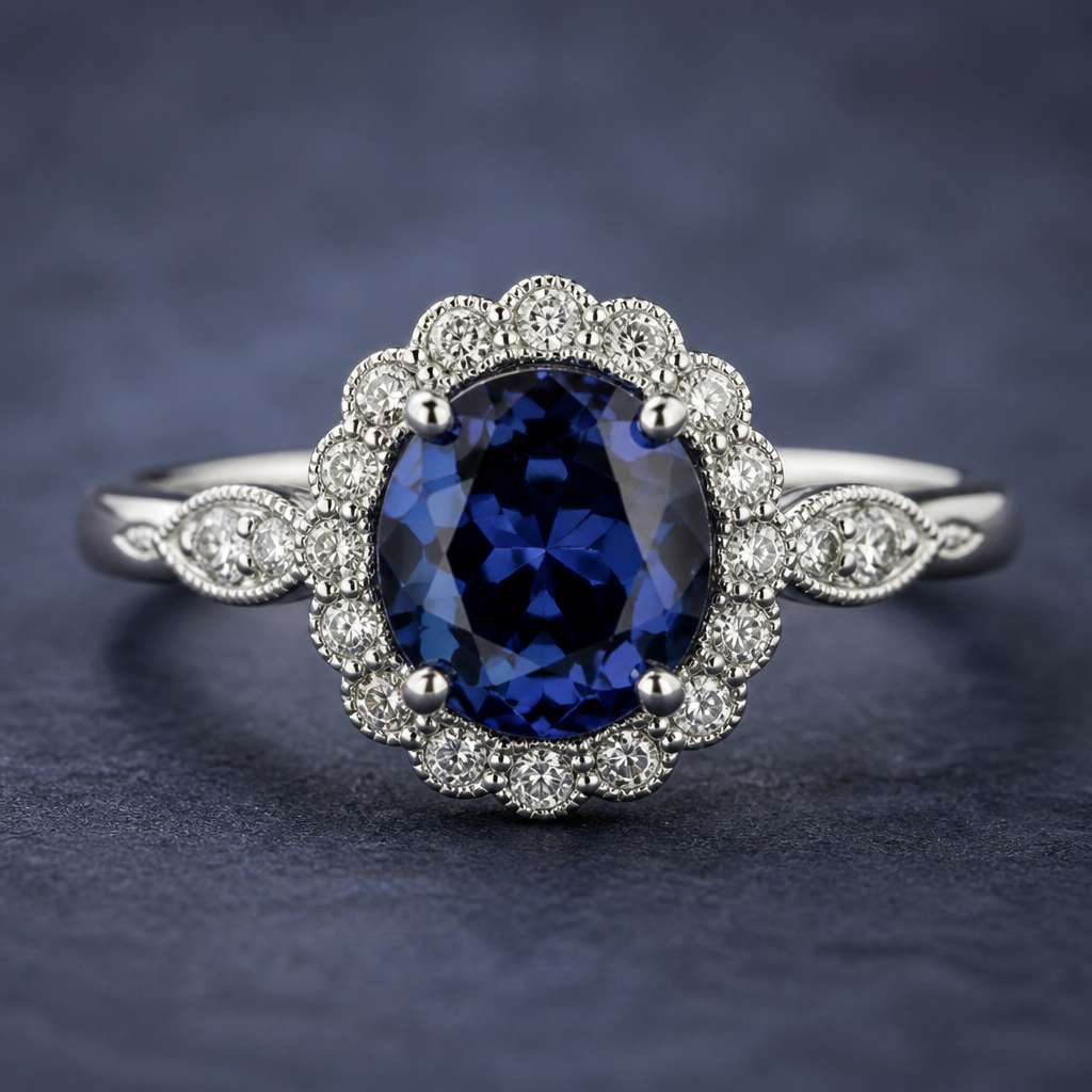 2 carat blue spinel with white diamond ring in 18K white gold setting
photorealistic jewelry design, 2 carat blue spinel with white diamond ring in 18K white gold setting, vintage style, just the design no text