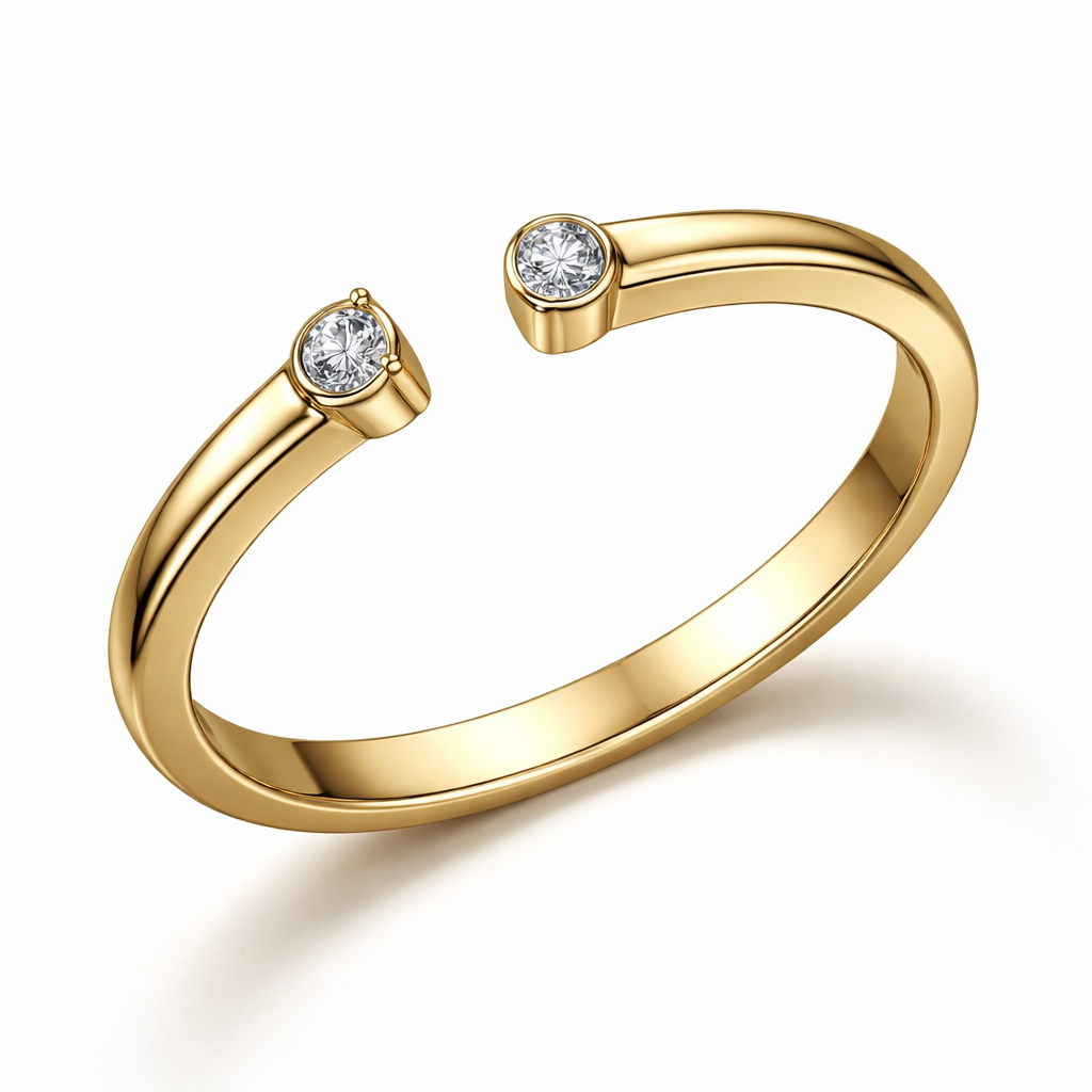modern open gold ring made of 316L stainless steel with two small cubic zirconia stones, minimalist elegant design, adjustable style
modern open gold ring made of 316L stainless steel with two small cubic zirconia stones, minimalist elegant design, adjustable style, art_deco style