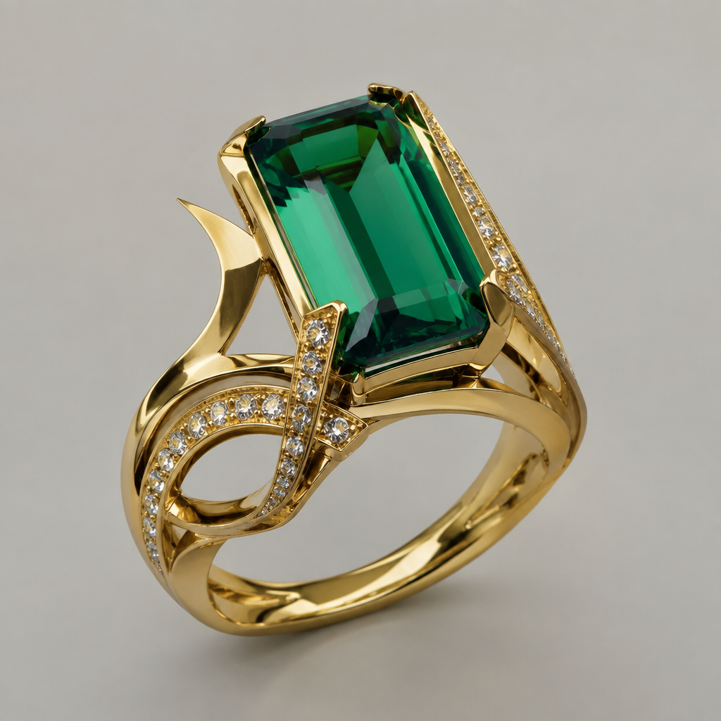 Crazy design with 9x15 emeral cut green gemstone and yellow gold
photorealistic jewelry design, Crazy design with 9x15 emeral cut green gemstone and yellow gold , modern style, just the design no text