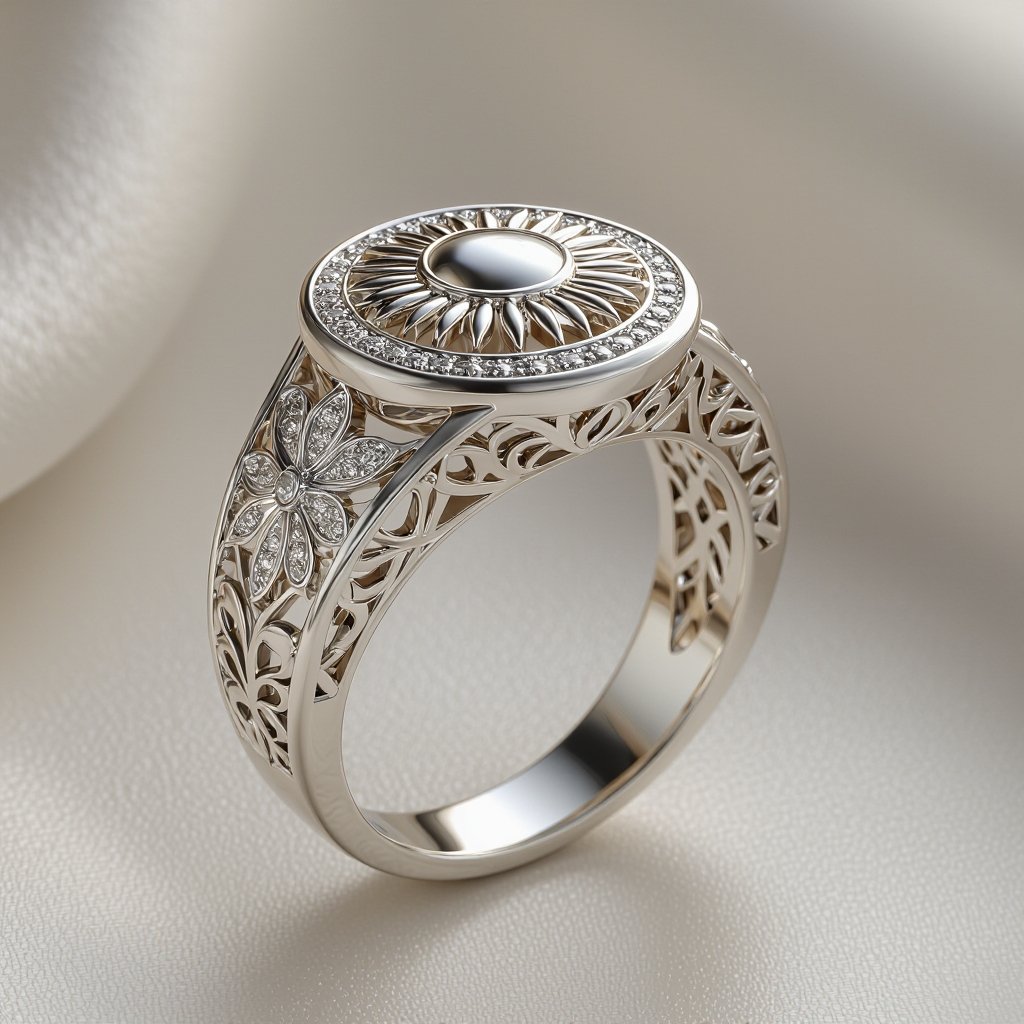 A realistic 3D render of a luxurious women's ring in polished white gold, elegant and feminine. The top features a circular emblem with a radiant sun motif, while both sides of the band are engraved with delicate arabesque floral patterns inspired by Persian jewelry. High detail, luxury jewelry photography style, soft lighting, minimal background, focus on the ring.