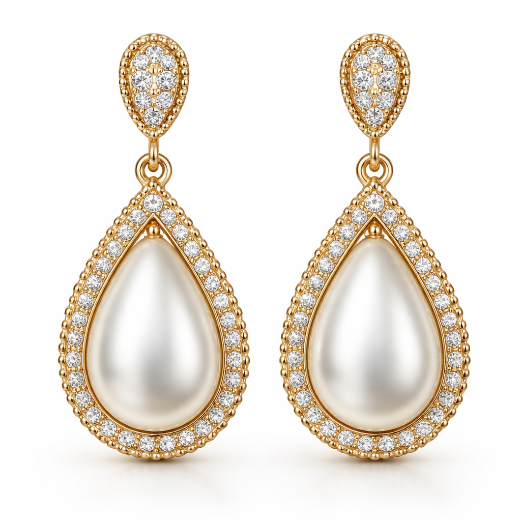 Pear shaped pearl drop earrings with gold gypset border and with pavé diamonds, everyday wear