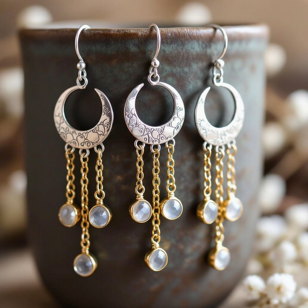 Серебряные серьги словно мятое серебро в форме полумесяца вертикальныйсверху крепится к швензе. От полумесяца идет три цепочки золотого цвета, у каждой на конце мелкий камушек лунный камень