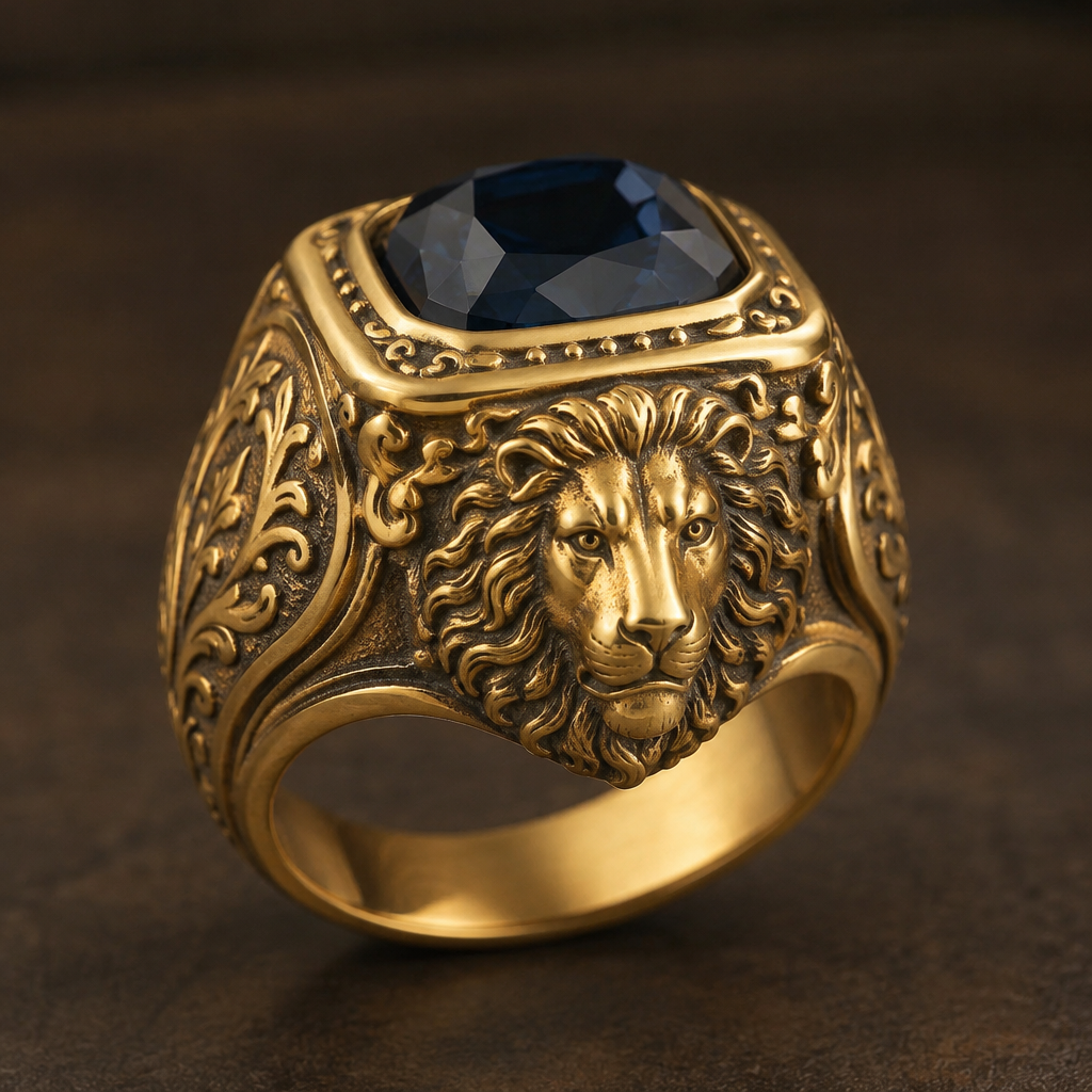 Gold men ring. One the one side head of lion, flat engraver, head must be in front. Blue rock on the top.
photorealistic jewelry design, Gold men ring. One the one side head of lion, flat engraver, head must be in front. Blue rock on the top. , vintage style, just the design no text