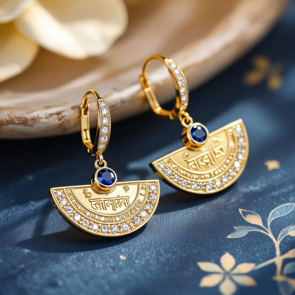 Серьги золотые в форме тонкого изящного полумесяца, полукруг как продолжение застежки, на полукруге надписи мантрами на санскрите