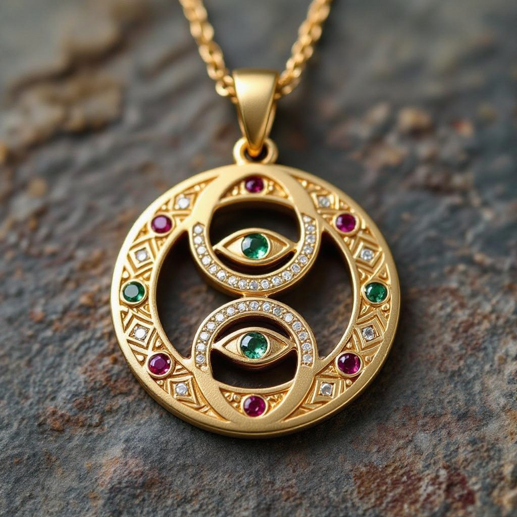 Подвеска из матового золота с узорами и мелкими необработанными камнями в форме двух пересекающихся окружностей и глаза между ними