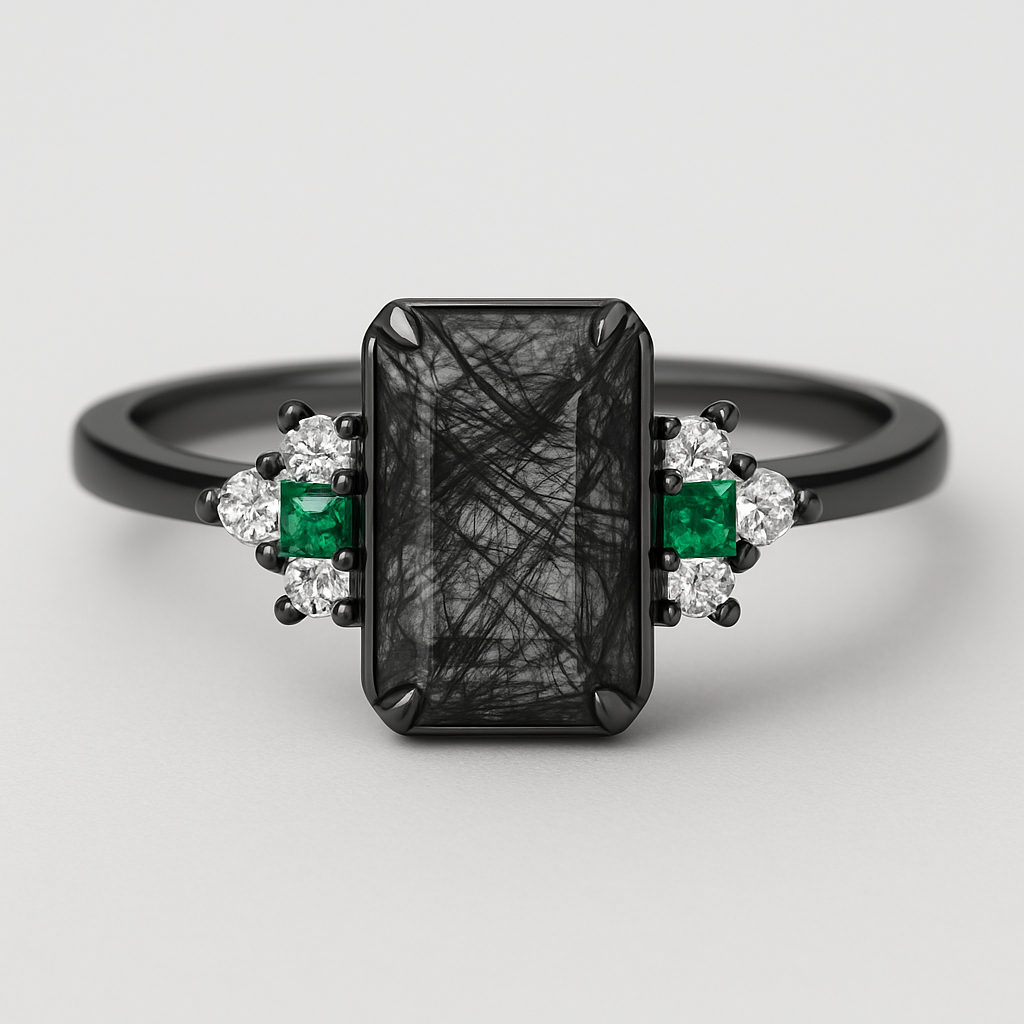 Skinny medium length Hexagon cut Black rutilated quartz with 1 emerald on each side and 3 moissanite on each side accent stones in a cluster on a black band
