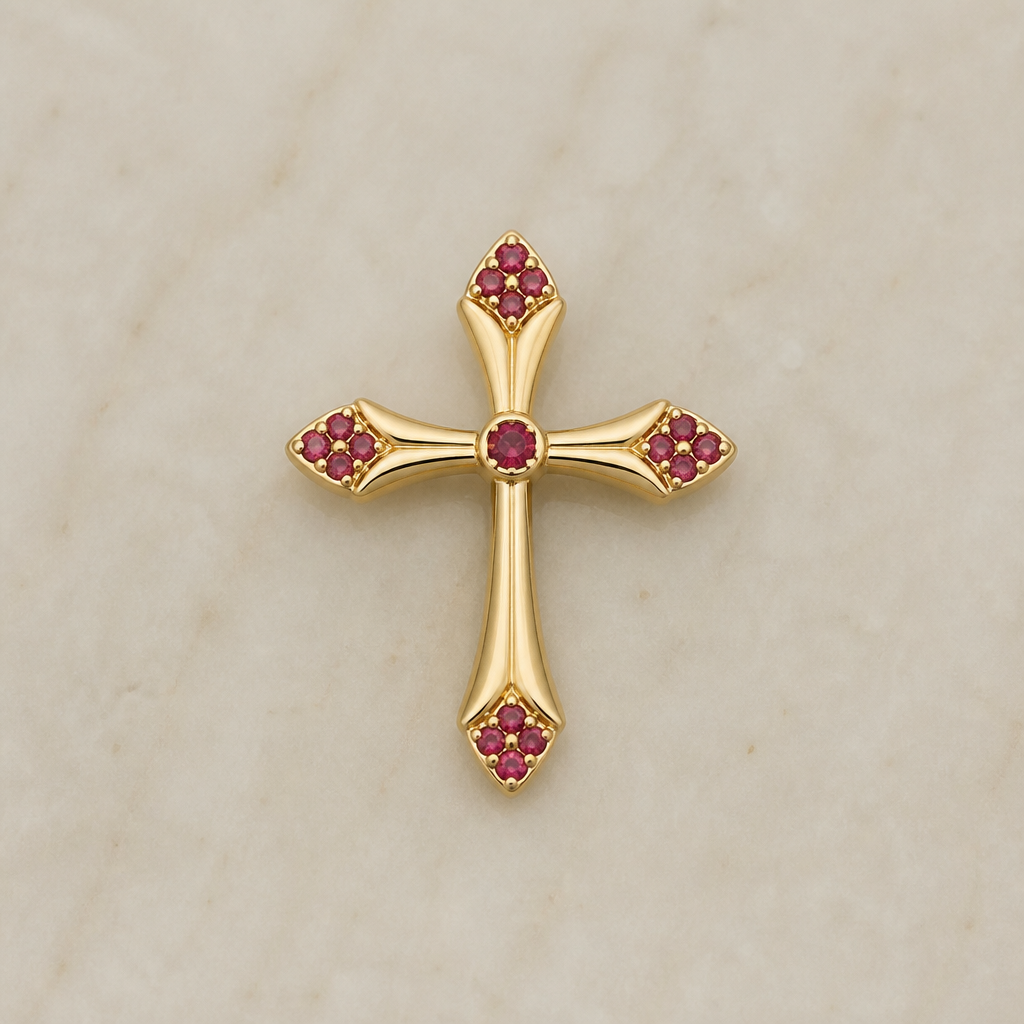 Dainty and feminine Gold cross with rubies, majority gold . Hidden bail
photorealistic jewelry design, Dainty and feminine Gold cross with rubies, majority gold . Hidden bail, contemporary style, just the design no text