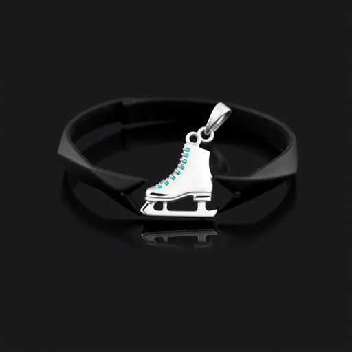 Bracelet black leather with silver ice skate and turquoise stripe inside the low thin part blade
