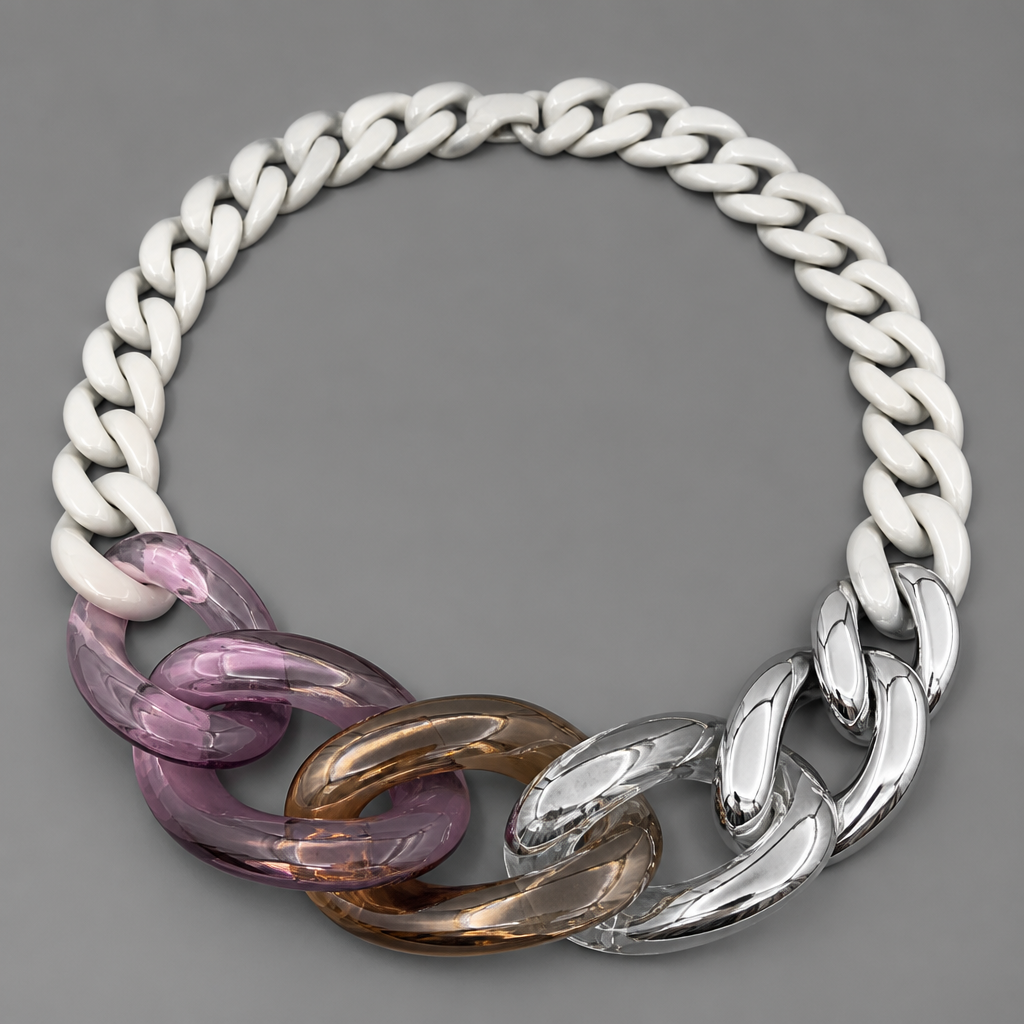 A women's necklace. create a chunky Cuban links style plastic necklace that is graduated and exaggerated in the first three links of translucent colors with the back part white and the front is silver
photorealistic jewelry design, A women's necklace. create a chunky Cuban links style plastic necklace that is graduated and exaggerated in the first three links of translucent colors with the back part white and the front is silver, modern style, just the design no text