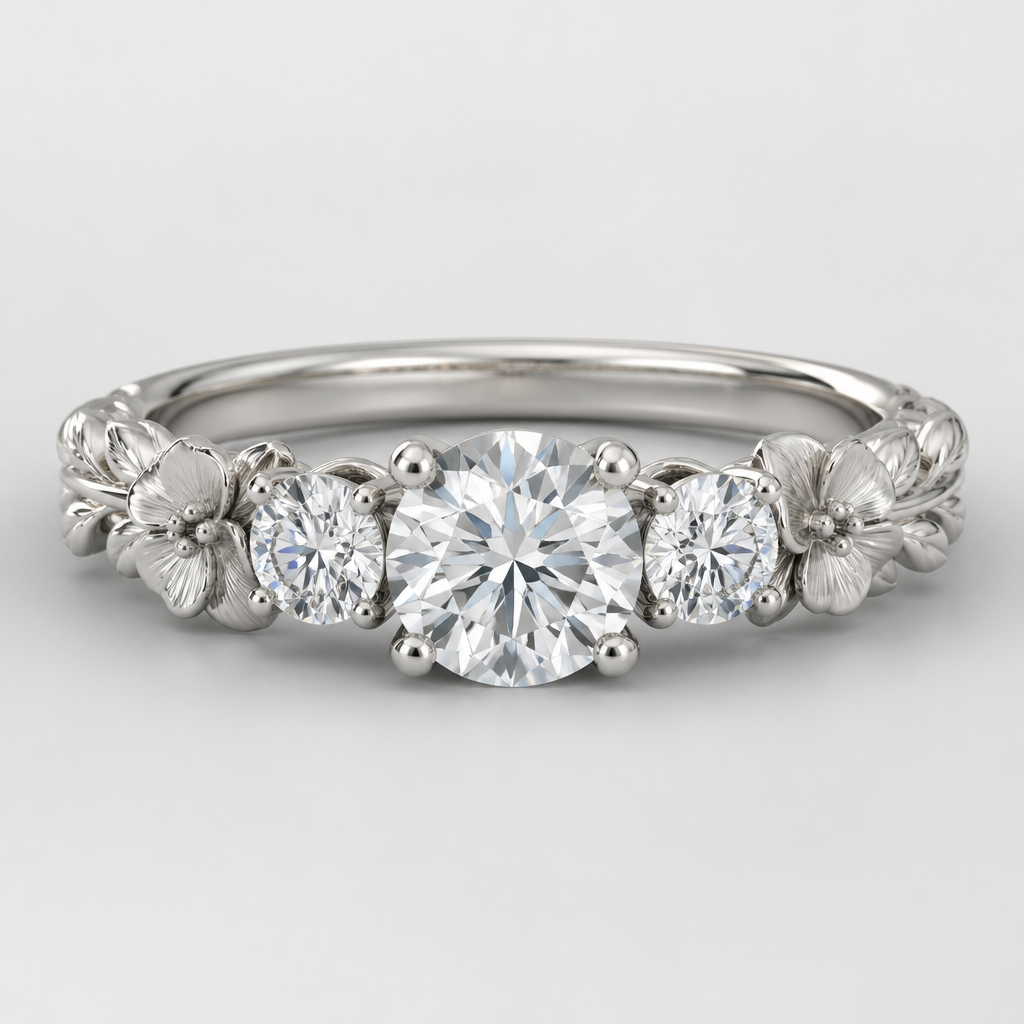 White gold setting with flowers and/or vines
photorealistic jewelry design, White gold setting with flowers and/or vines, three_stone style, just the design no text