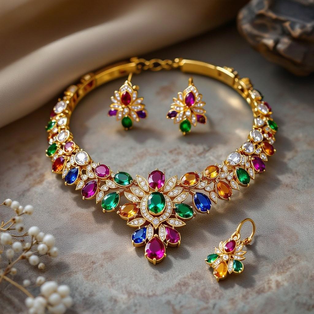 Necklace and ring and earring with luxury colorful jewel with gold
