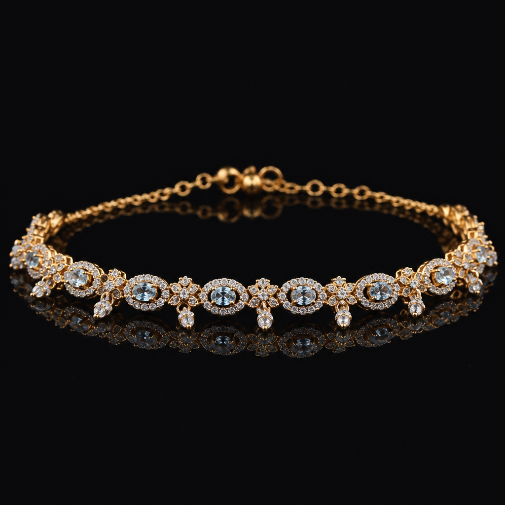 A royal women's anklet made of gold with topaz and diamond stones suitable for formal, highly ornate, intricate and elaborate, richly detailed. delicado y sencillo pero elegante
photorealistic jewelry design, A royal women's anklet made of gold with topaz and diamond stones suitable for formal, highly ornate, intricate and elaborate, richly detailed. delicado y sencillo pero elegante, royal style, just the design no text
