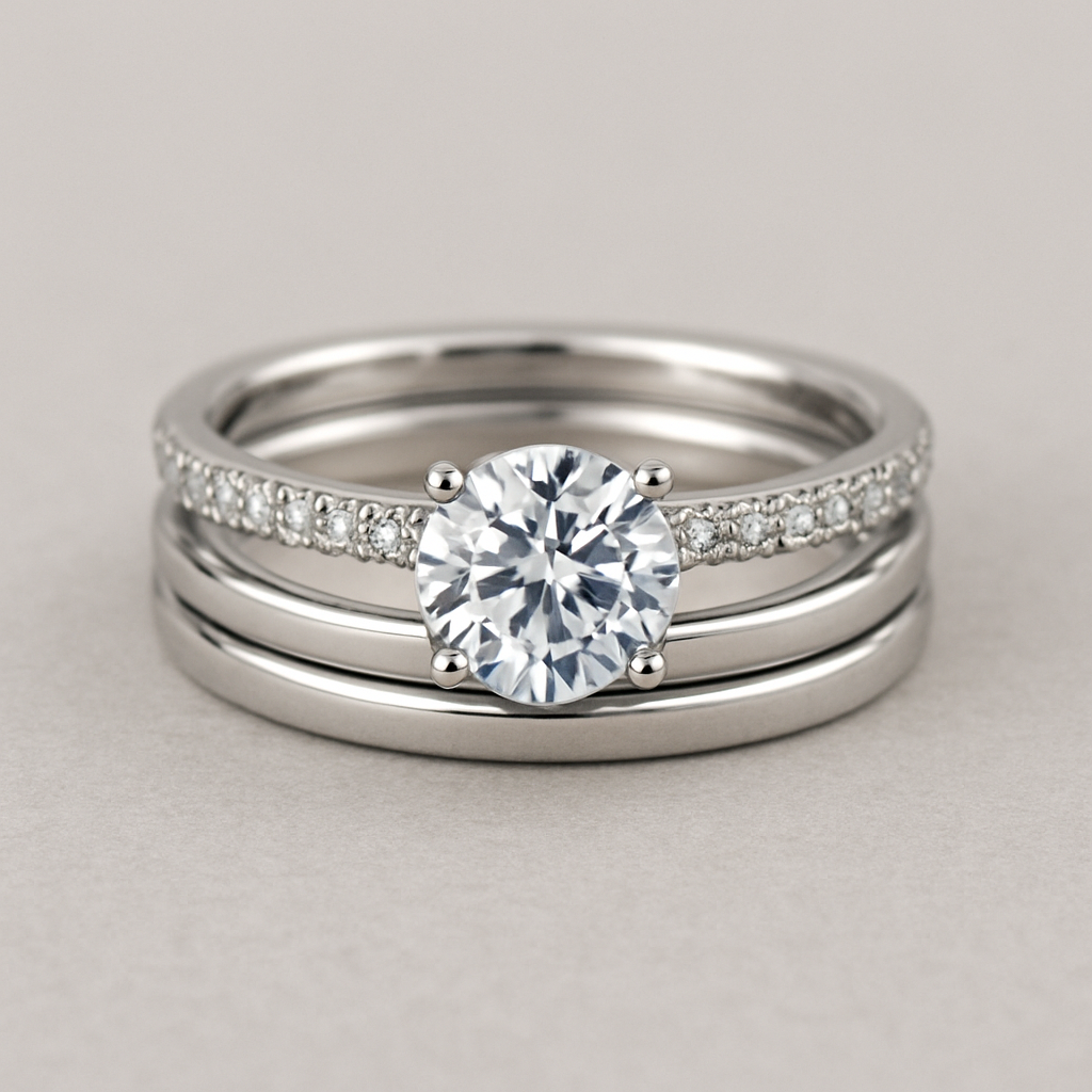 1 carat round stone with pave band and 2 wedding bands