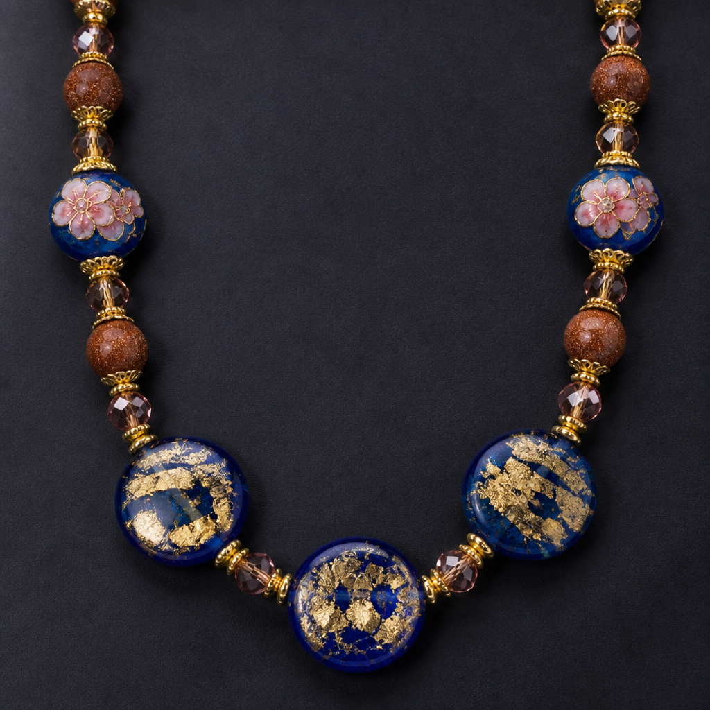 Cobalt Blue and gold with pink flower Wedding cake beads 12mm round, Murano cobalt blue and gold coin beads 25mm, round golden sand stone beads 12mm, pink crystal beads 8mm necklace
photorealistic jewelry design, Cobalt Blue and gold with pink flower Wedding cake beads 12mm round, Murano cobalt blue and gold coin beads 25mm, round golden sand stone beads 12mm, pink crystal beads 8mm necklace, luxury style, just the design no text
