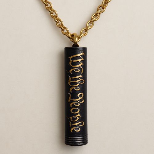 A necklace on a 24” staggered chain with a vertical pendant straw (cylinder) 4 inches long that looks like a rolled up version of the United States constitution “We The People” can be read vertically and is indented as well as the rolled up paper lines. It is black with gold writing. 