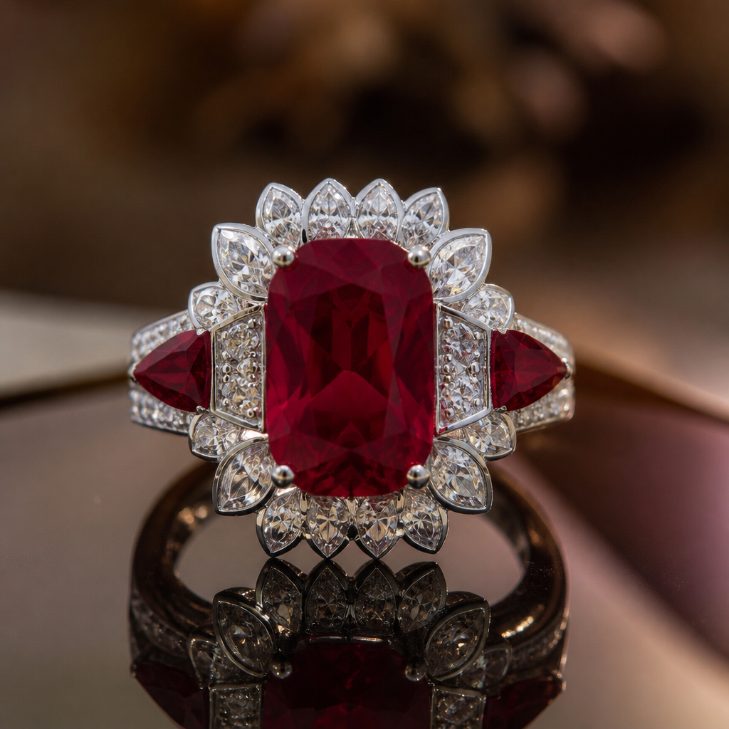 Design a ruby ring for a fashionable lady, it should look elegant, special design, people can relate it to catier or harry winston high jewelry design
photorealistic jewelry design, Design a ruby ring for a fashionable lady, it should look elegant, special design, people can relate it to catier or harry winston high jewelry design , luxury style, just the design no text