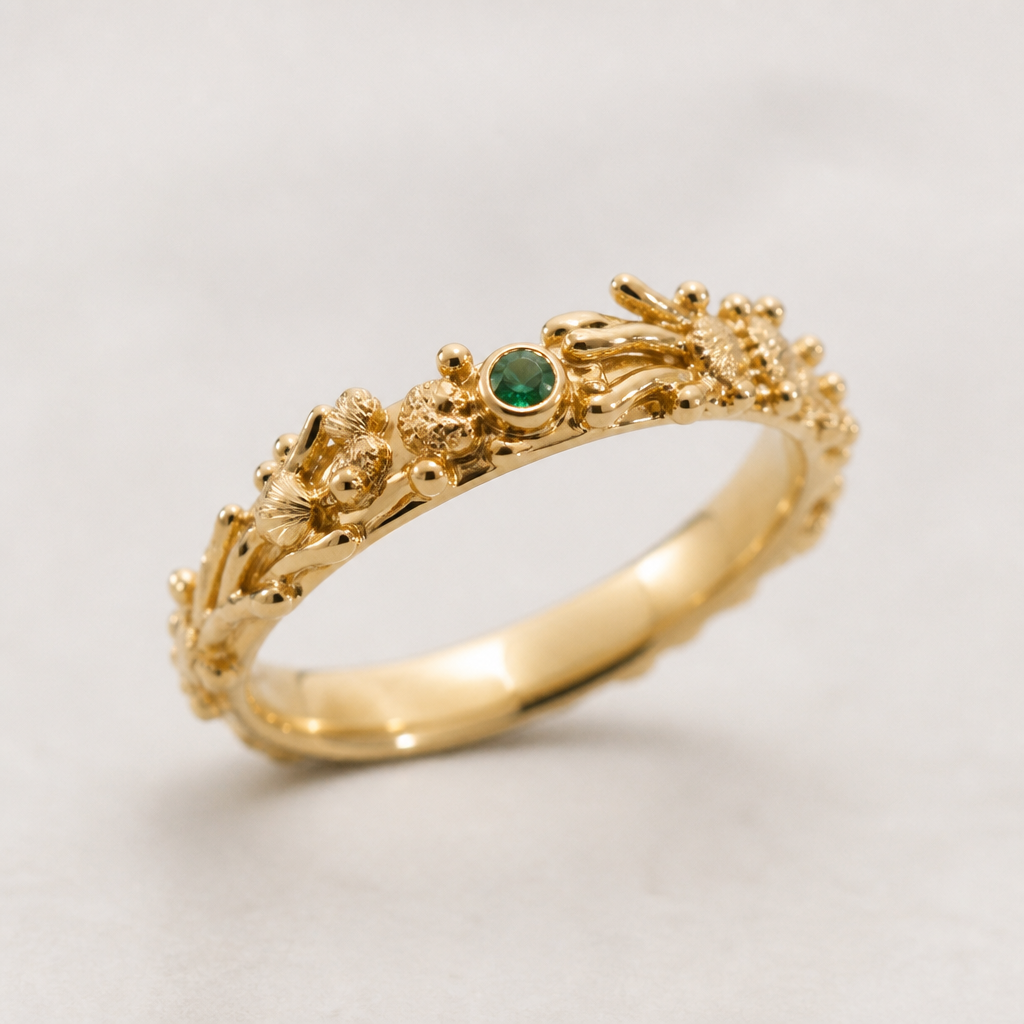 A women's ring made of gold with emerald stones suitable for wedding. un anillo un poco delicada, que su superficie no sea lisa, que tenga detalles significativos de la naturaleza del mar, etc.
que tenga una pequeña esmeralda en la mitad
photorealistic jewelry design, A women's ring made of gold with emerald stones suitable for wedding. un anillo un poco delicada, que su superficie no sea lisa, que tenga detalles significativos de la naturaleza del mar, etc.
que tenga una pequeña esmeralda en la mitad, modern style, just the design no text