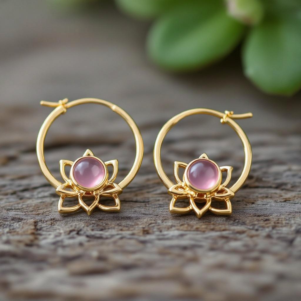 Серьги небольшие кольца,на серьгах в виде золотого лотоса шестью лепестками с маленьким розовым кварцем по центру
