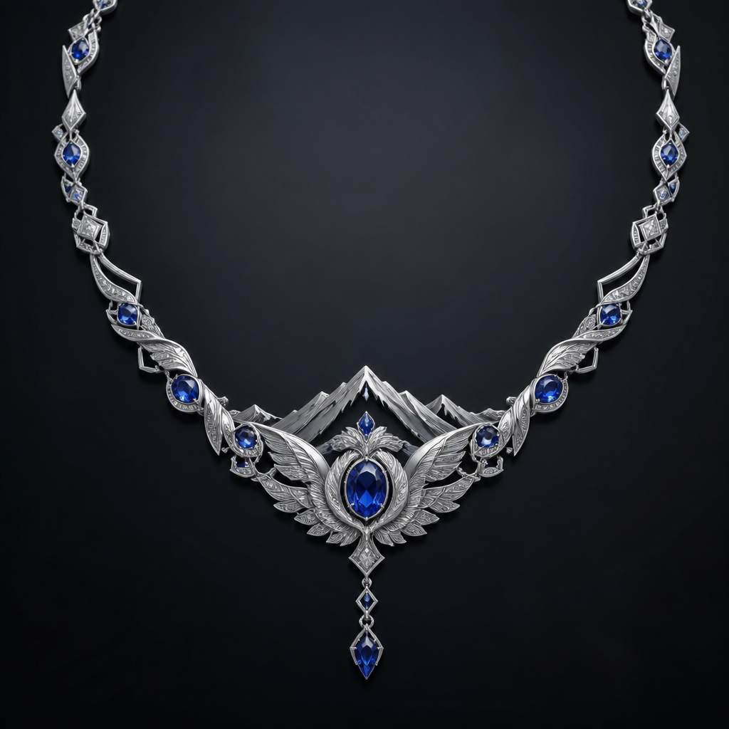 A art deco women's necklace made of silver with sapphire stones suitable for festival, detailed and decorative, moderately ornate. یه گردنبند با الهام از داستان سال و سیمرغ در وسط سنگی که با پر احاطه شده و به کوه میرست و در ادامه بال سیمرغ گردنبند از این فستیوالیا باشه که تا اخر زنجیر طرح داره و دیتیل به کل گردنبند بره
photorealistic jewelry design, A art deco women's necklace made of silver with sapphire stones suitable for festival, detailed and decorative, moderately ornate. یه گردنبند با الهام از داستان سال و سیمرغ در وسط سنگی که با پر احاطه شده و به کوه میرست و در ادامه بال سیمرغ گردنبند از این فستیوالیا باشه که تا اخر زنجیر طرح داره و دیتیل به کل گردنبند بره, art_deco style, just the design no text