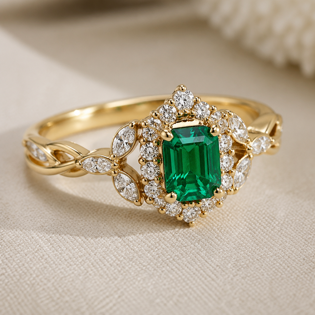A romantic women's ring made of gold with diamond and emerald stones suitable for engagement
photorealistic jewelry design, A romantic women's ring made of gold with diamond and emerald stones suitable for engagement, romantic style, just the design no text