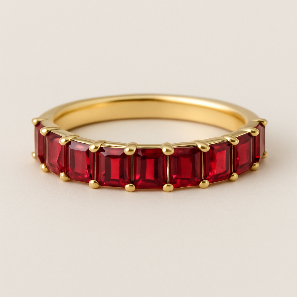 Small  Emerald cut red spinal Eternity gold ring 