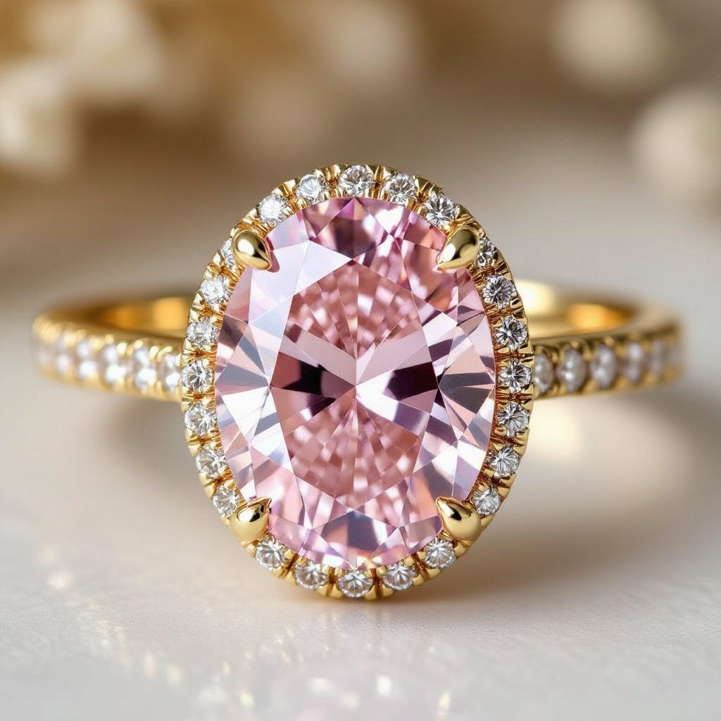 10 carats oval pink diamond ring, vintage minimal with crafted design. No small diamonds around. Light gold color