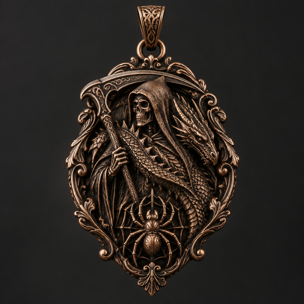 A victorian men's pendant made of copper suitable for daily wear. a reaper with a dragon coat and a spider
photorealistic jewelry design, A victorian men's pendant made of copper suitable for daily wear. a reaper with a dragon coat and a spider, victorian style, just the design no text