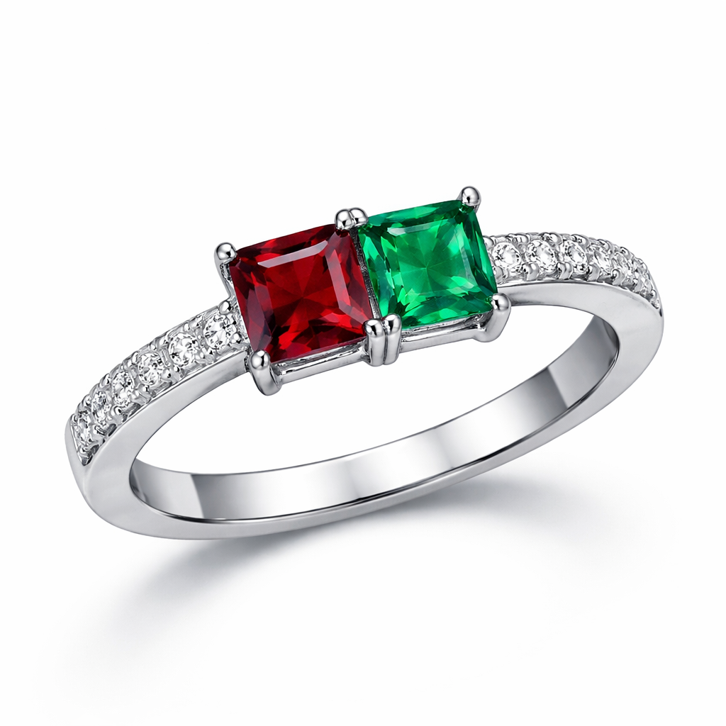 Simple silver ring with garnet and emerald in the middle the gems are square and there is damoinds in the band