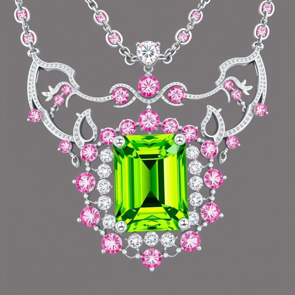 20 carat green periot and pink diamond gemstones emeral cut FL IF clarity necklace