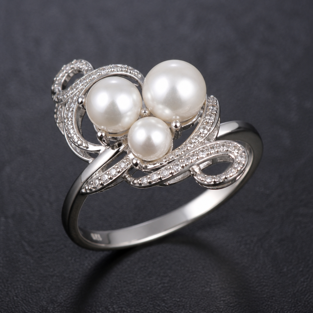 A modern women's ring made of silver with pearl stones suitable for party, detailed and decorative, moderately ornate
photorealistic jewelry design, A modern women's ring made of silver with pearl stones suitable for party, detailed and decorative, moderately ornate, modern style, just the design no text