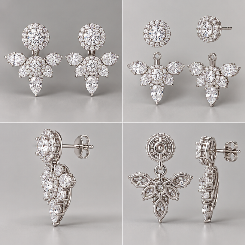 A women's earrings, highly ornate, intricate and elaborate, richly detailed. ตามแบบที่แนบไป สามารถถอดออกเป็นชิ้นๆ ได้, 4 view,โดยให้บริเวณวงกลมสีแดงเป็นเม็ดเดี่ยวล้อม
using the attached image as a visual reference, create A women's earrings, highly ornate, intricate and elaborate, richly detailed. ตามแบบที่แนบไป สามารถถอดออกเป็นชิ้นๆ ได้, 4 view,โดยให้บริเวณวงกลมสีแดงเป็นเม็ดเดี่ยวล้อม. photorealistic, just the design no text