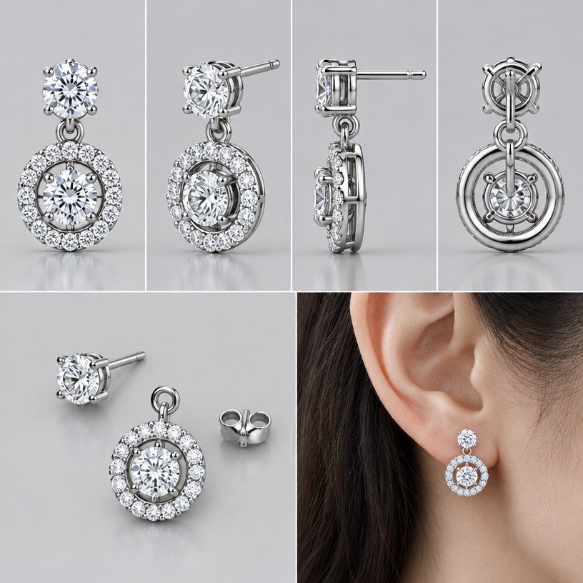 A women's earrings. ตามแบบที่แนบไป สามารถถอดออกเป็นชิ้นๆ ได้, 4 view,เป็นตุ้งติ้งอ้อมหลังหู
using the attached image as a visual reference, create A women's earrings. ตามแบบที่แนบไป สามารถถอดออกเป็นชิ้นๆ ได้, 4 view,เป็นตุ้งติ้งอ้อมหลังหู. photorealistic, just the design no text