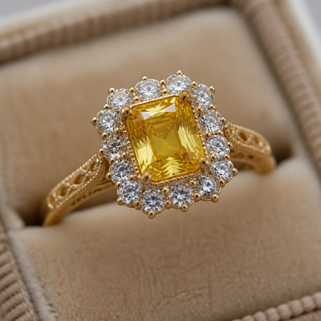 A vintage women's ring made of gold with diamond and sapphire stones suitable for birthday. Allora ho pensato a un anello con Zaffiro giallo quadrato e contorno di diamanti sulla scia vintage montato su oro giallo
photorealistic jewelry design, A vintage women's ring made of gold with diamond and sapphire stones suitable for birthday. Allora ho pensato a un anello con Zaffiro giallo quadrato e contorno di diamanti sulla scia vintage montato su oro giallo, vintage style, just the design no text