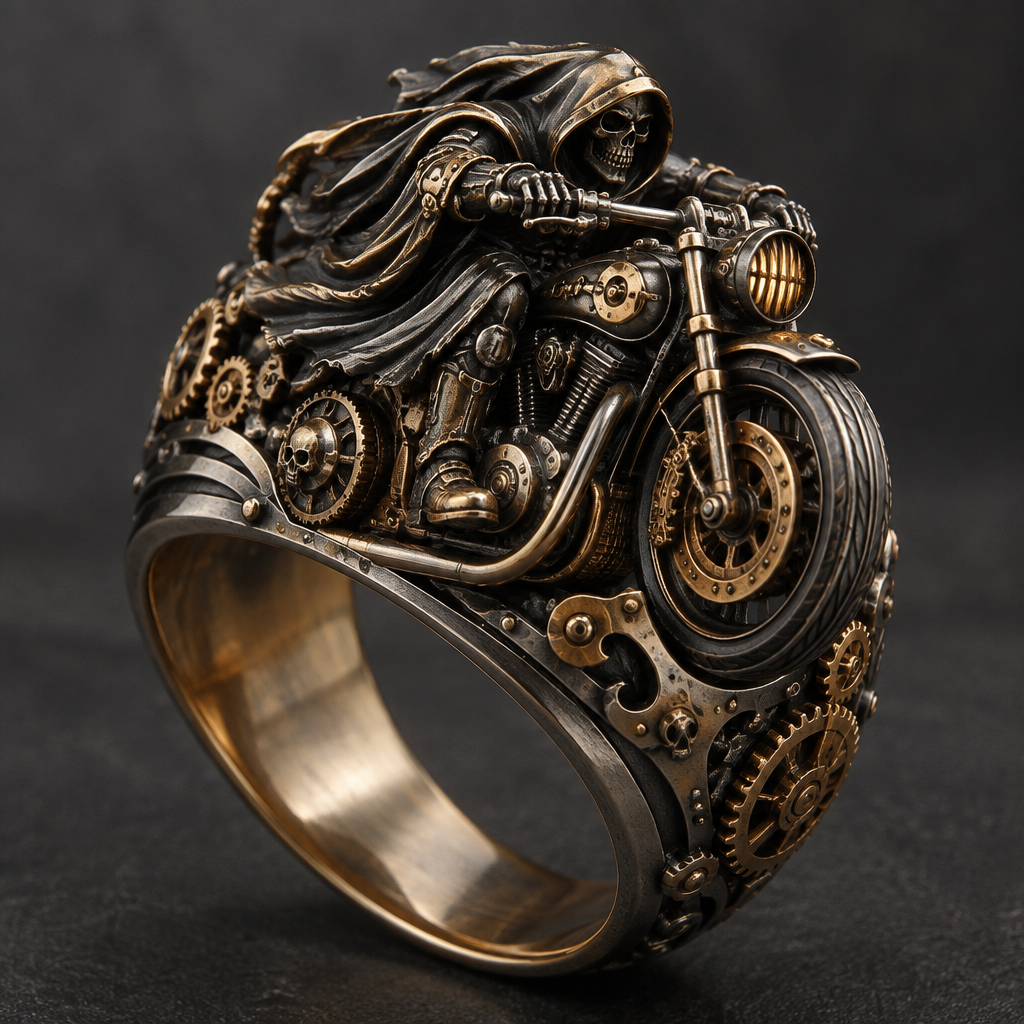 A steampunk men's ring made of mixed metal suitable for formal, detailed and decorative, moderately ornate. reaper on a motorcycle
photorealistic jewelry design, A steampunk men's ring made of mixed metal suitable for formal, detailed and decorative, moderately ornate. reaper on a motorcycle, steampunk style, just the design no text